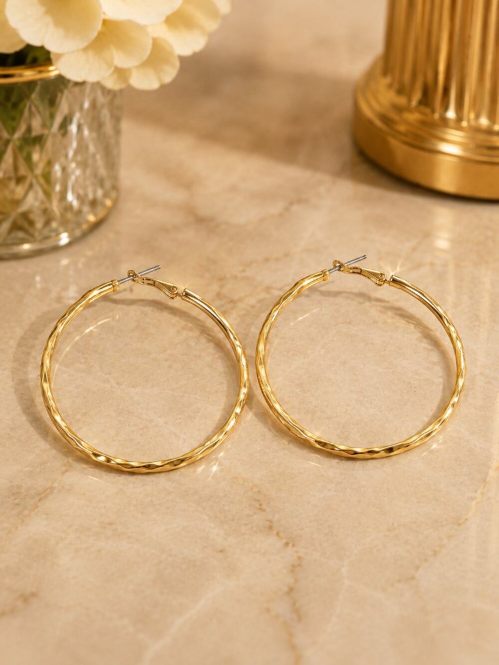 Gold Tone Textured Large Hoop Earrings – Classic Lightweight Statement Jewelry